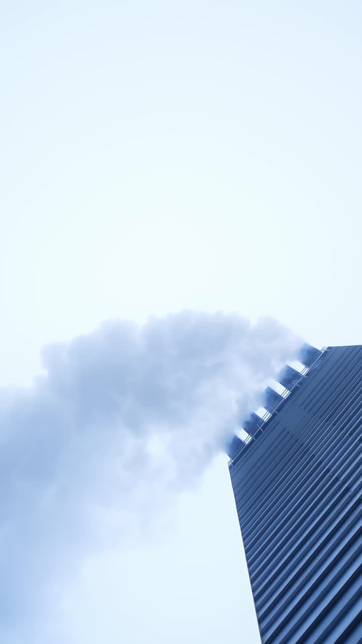 White puffs of smoke from a modern heating stove. Elevator heating system smoking. Vertical video
