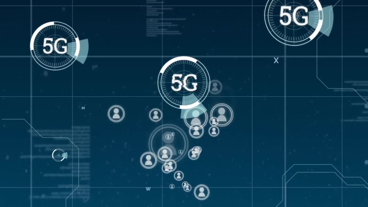 Animation of network of connections and scopes scanning with 5g text over blue background