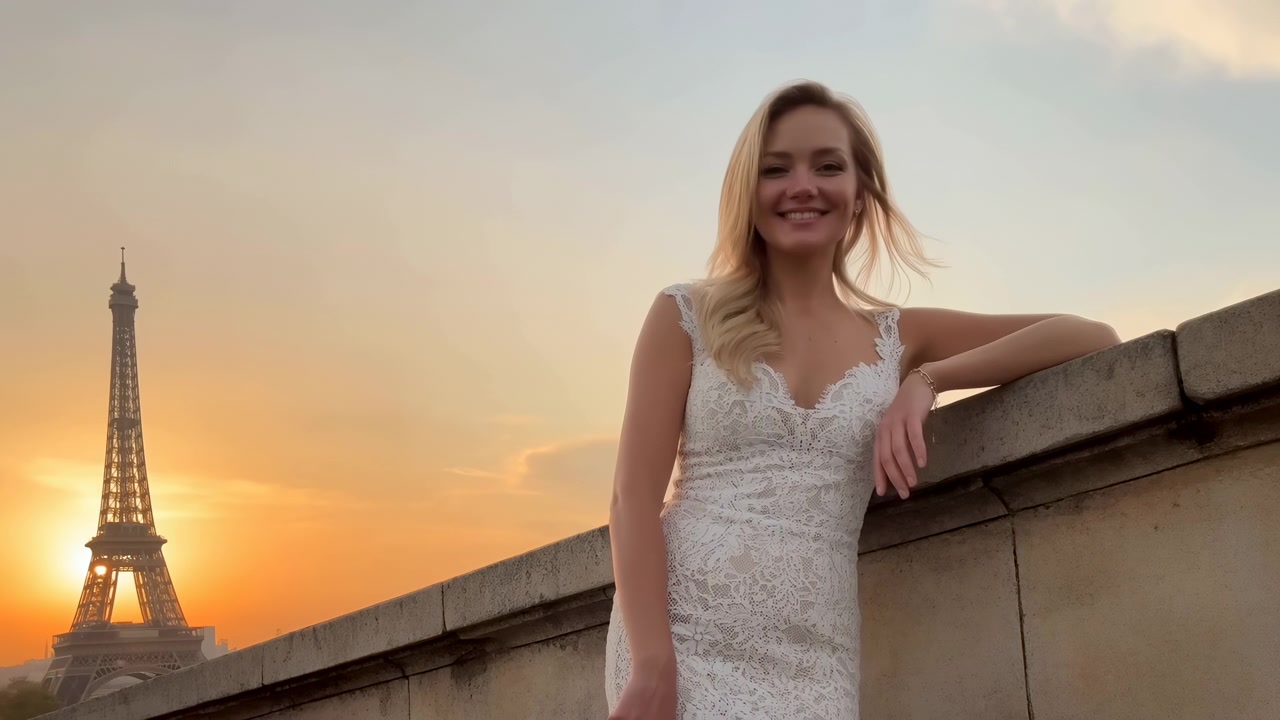 Una donna sta su un ponte con le braccia incrociate, sorridendo al tramonto sulla Torre Eiffel a Parigi, catturando un momento di viaggio felice e sereno in Francia con strutture in cemento e metallo.