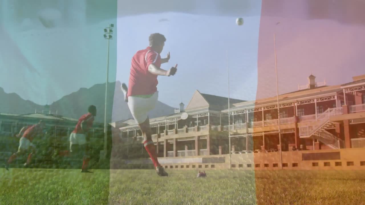 아일랜드 국기 애니메이션을 다양한 남성 럭비 선수 위에