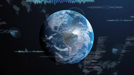 animation of financial data processing over globe on black background