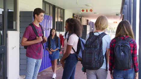 compañeros de clase adolescentes de pie hablando en el pasillo de la escuela secundaria