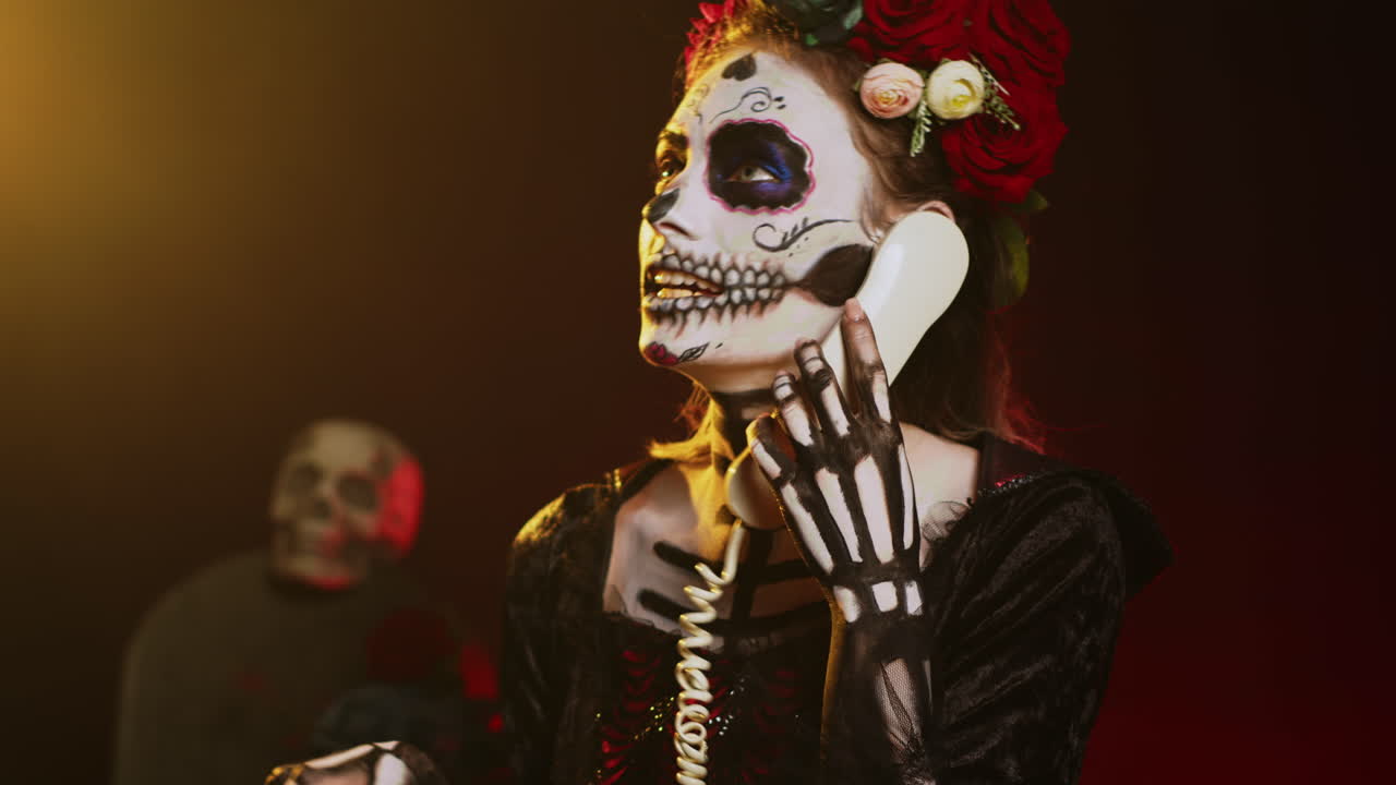 Woman with Day of the Dead Make-up on Phone