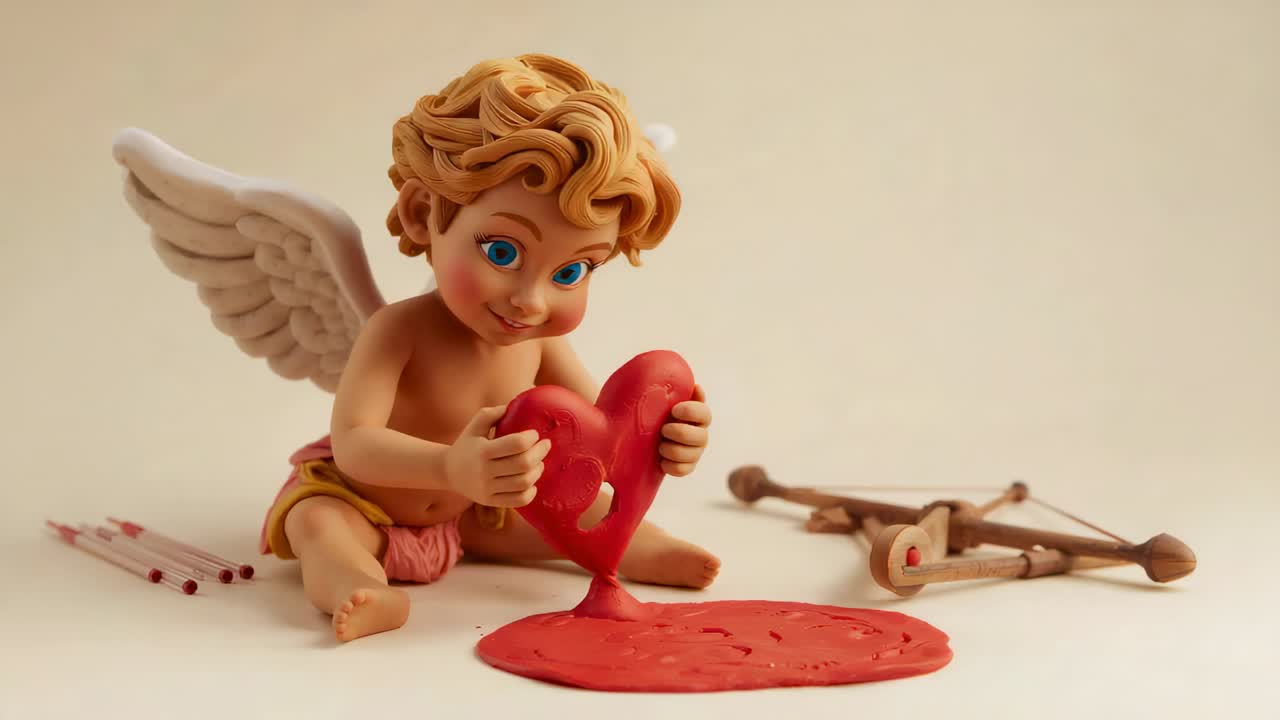 Reacting to leaking heart, tilting cherub pressing heart on tabletop, red pooling near bow, arrows