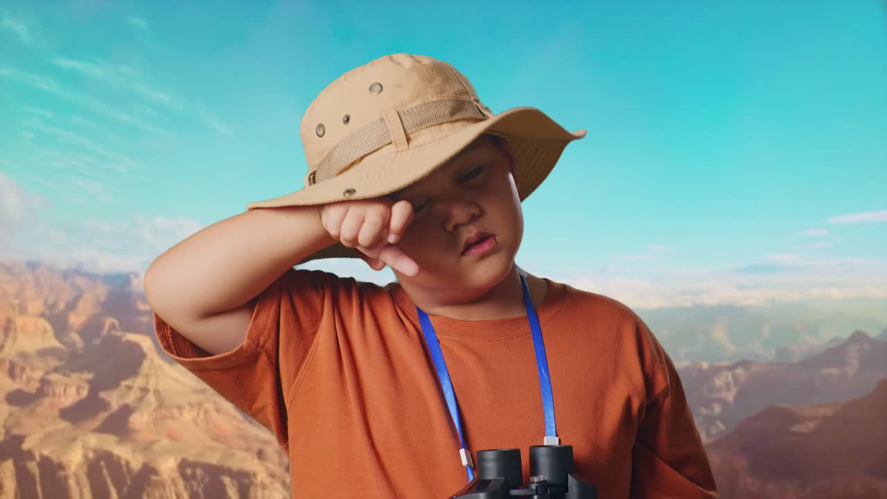 Asian Boy With A Hat Wipes His Sweaty Face After Looking Through The Binoculars. Boy Researcher Examines Something While Traveling At The Top Of Mountain, Travel Tourism Adventure Concept, Close Up
