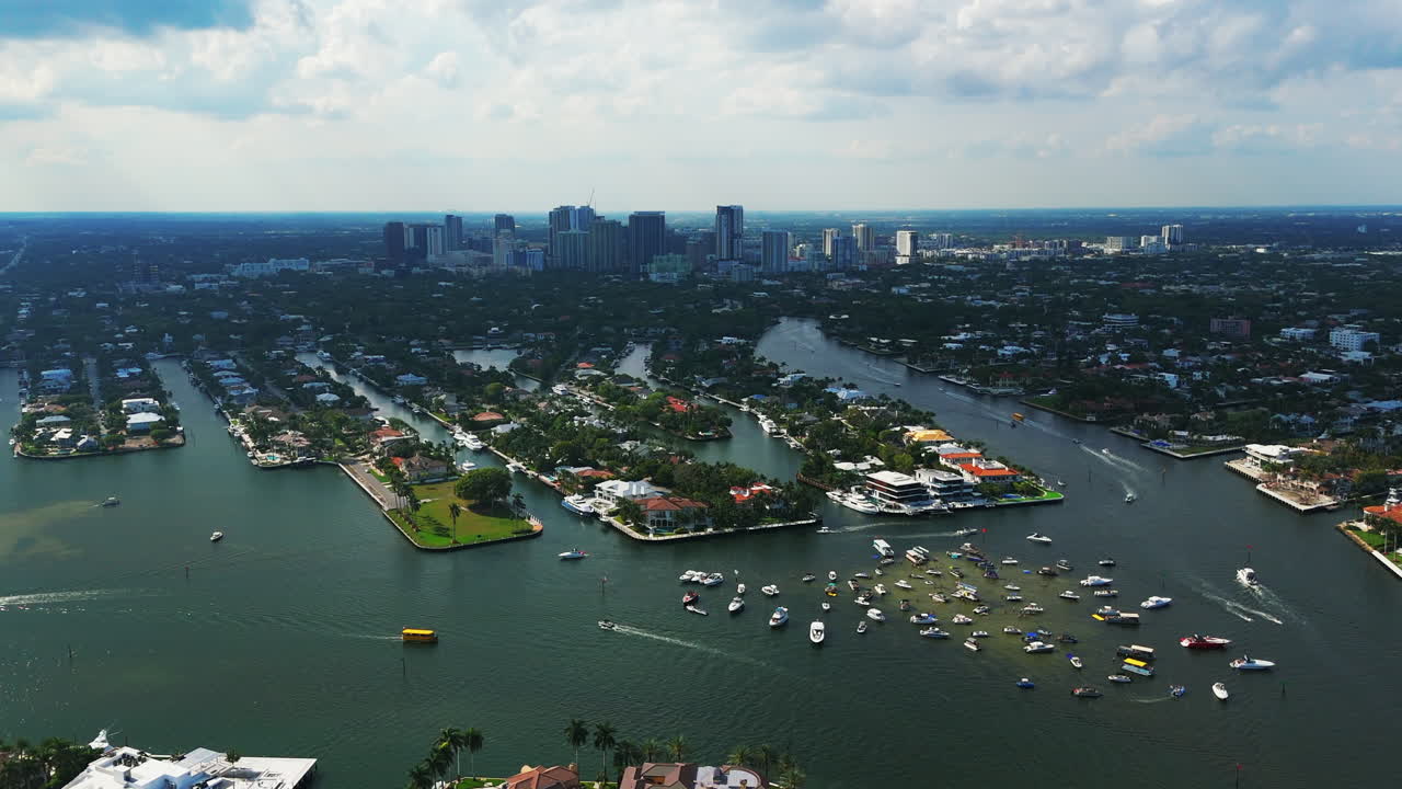 Aerial View Of Famous Sandbar Parties On Pontoon Boats In Fort Lauderdale, Florida, USA.