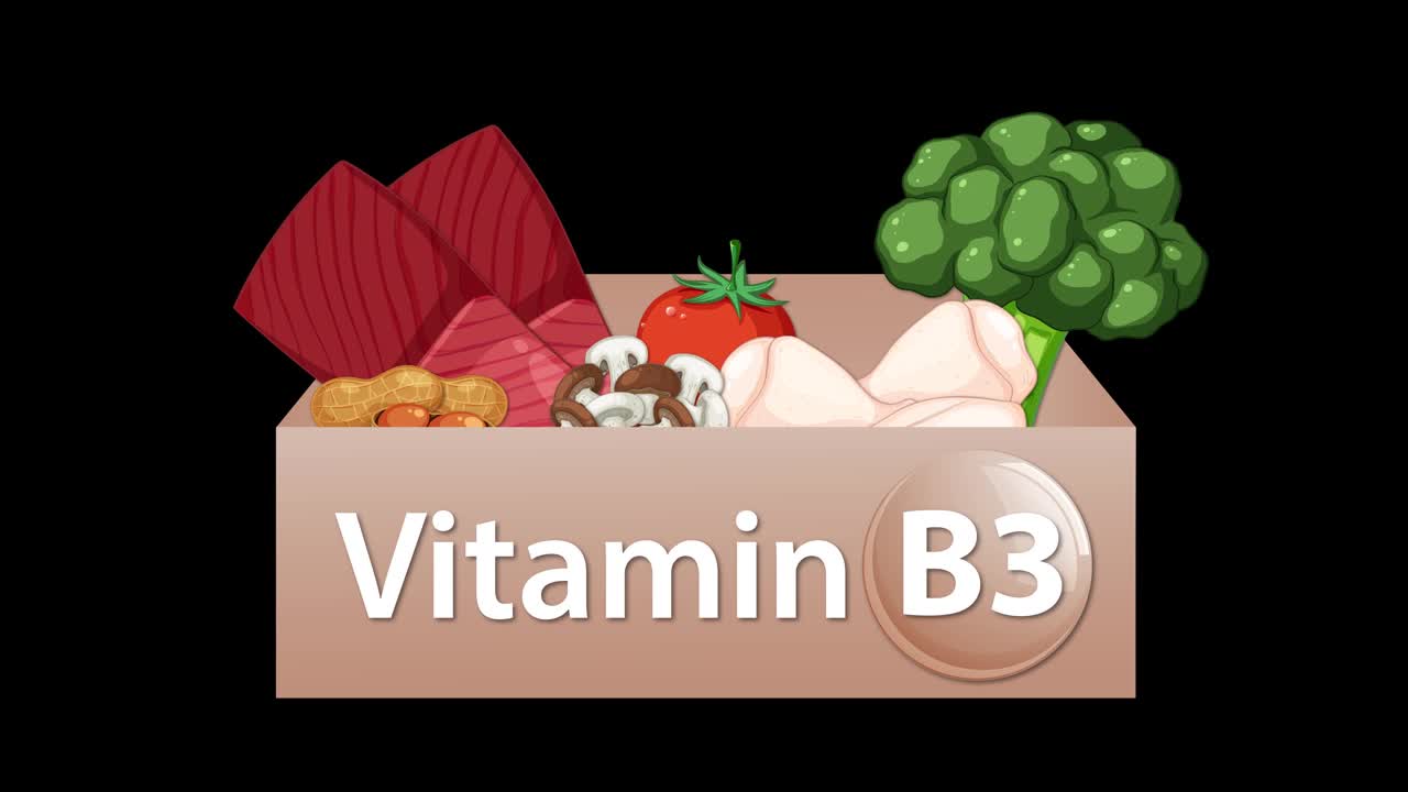 Box labeled Vitamin B3 opens, revealing illustrated healthy foods, smooth transitions, dark background, flat style