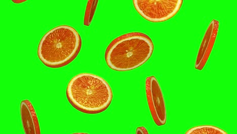 rebanadas redondas de naranja que caen en la pantalla verde, bucle sin costuras, cg