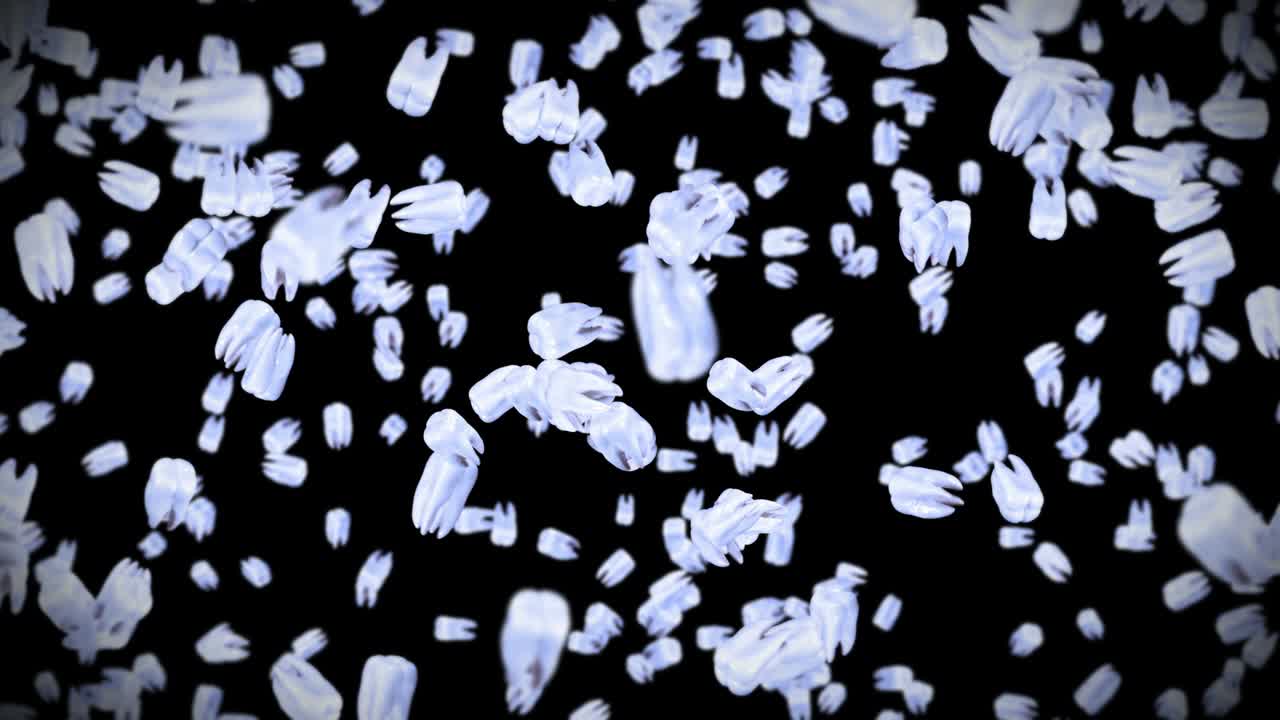 검은색 바탕에 많은  이빨을 날아다니며, 치과 관리 개념, 치아 회전의 3d 애니메이션, 루프 애니메이션.