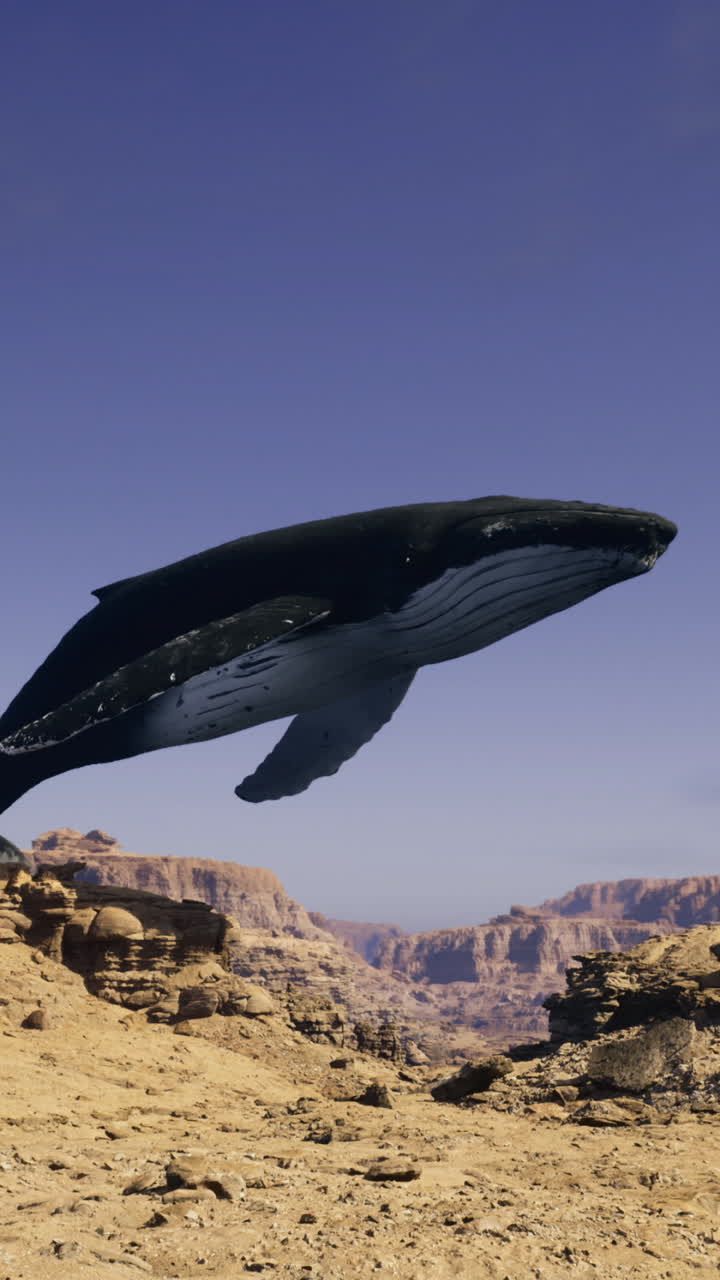 Humpback whale breaching above desert landscape in surreal setting
