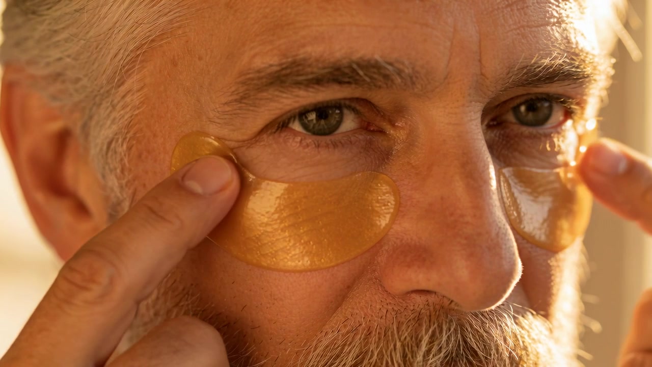 Starting senior man applying gold hydrogel eye patches using fingertips at vanity to hydrate skin