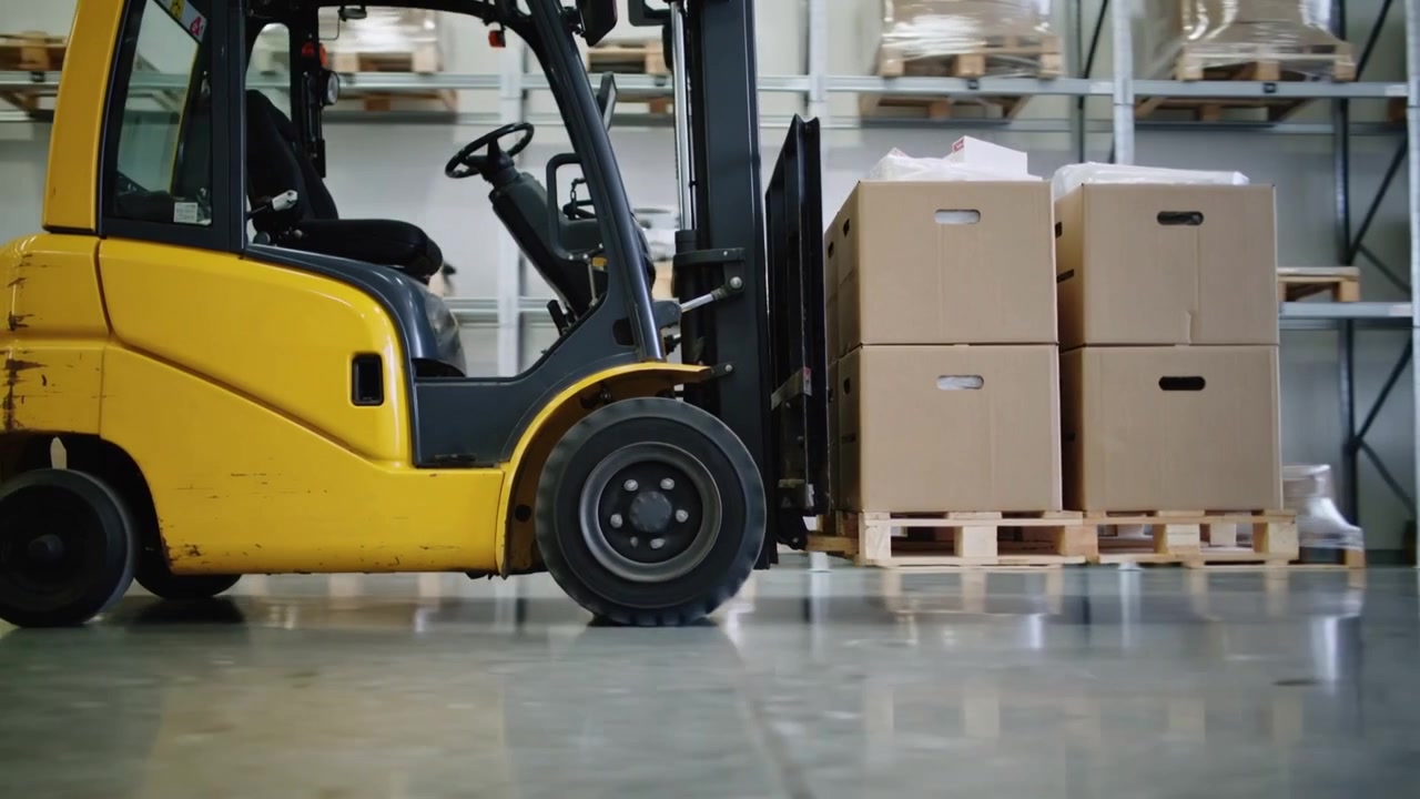 Motore che si avvia, carrello elevatore giallo che avanza in magazzino, allineando le forche per sollevare pallet di scatole.