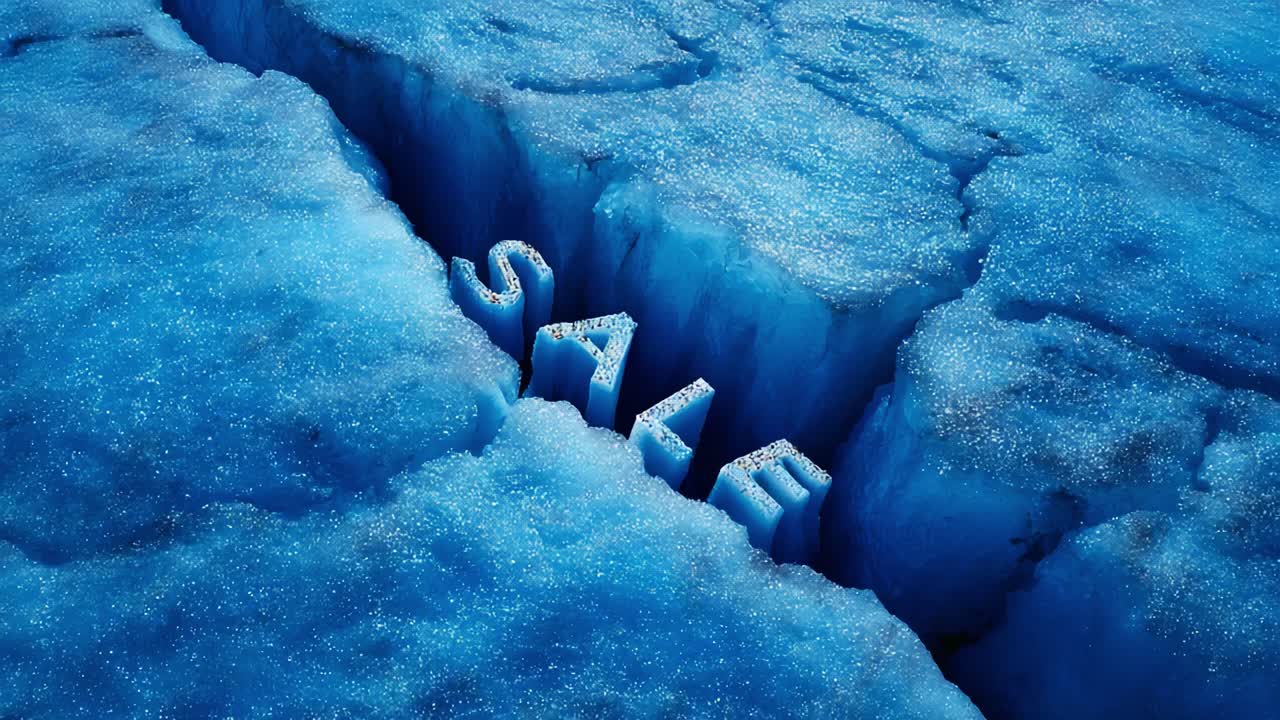 A striking visual of the word 'SALE' emerging from a deep, icy fissure, surrounded by glistening blue ice crystals, depicting a unique blend of sales promotion with a chilling environment