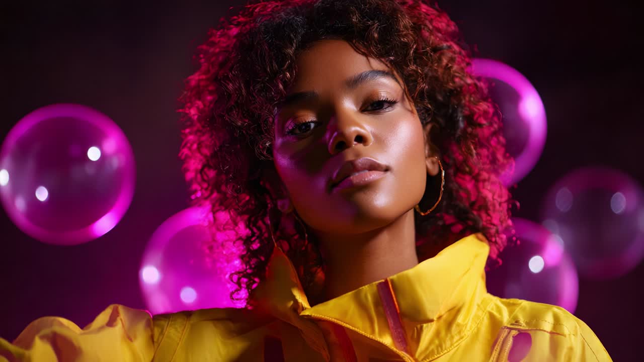 Un ritratto vivido e sorprendente di una giovane donna che indossa una giacca giallo acceso, ambientato su uno sfondo accattivante di bolle rosa brillanti che evocano un senso di divertimento e creatività in un'atmosfera artistica ed elegante