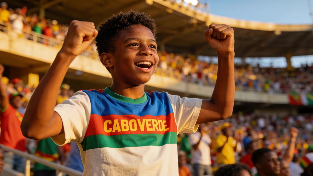 Menino pré-adolescente torcendo e agitando os punhos na grade, enquanto a multidão de pé acena bandeiras, vestindo CABOVERDE.