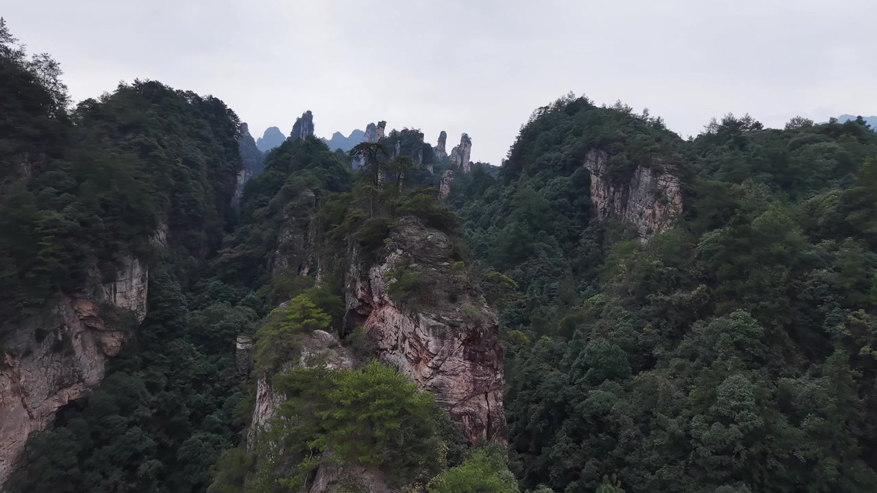 Ripresa drone con movimento laterale oltre un'alta colonna di roccia che rivela guglie nella valle oltre, vegetazione subtropicale che copre le formazioni sotto cieli foschi, Zhangjiajie, Hunan, Cina