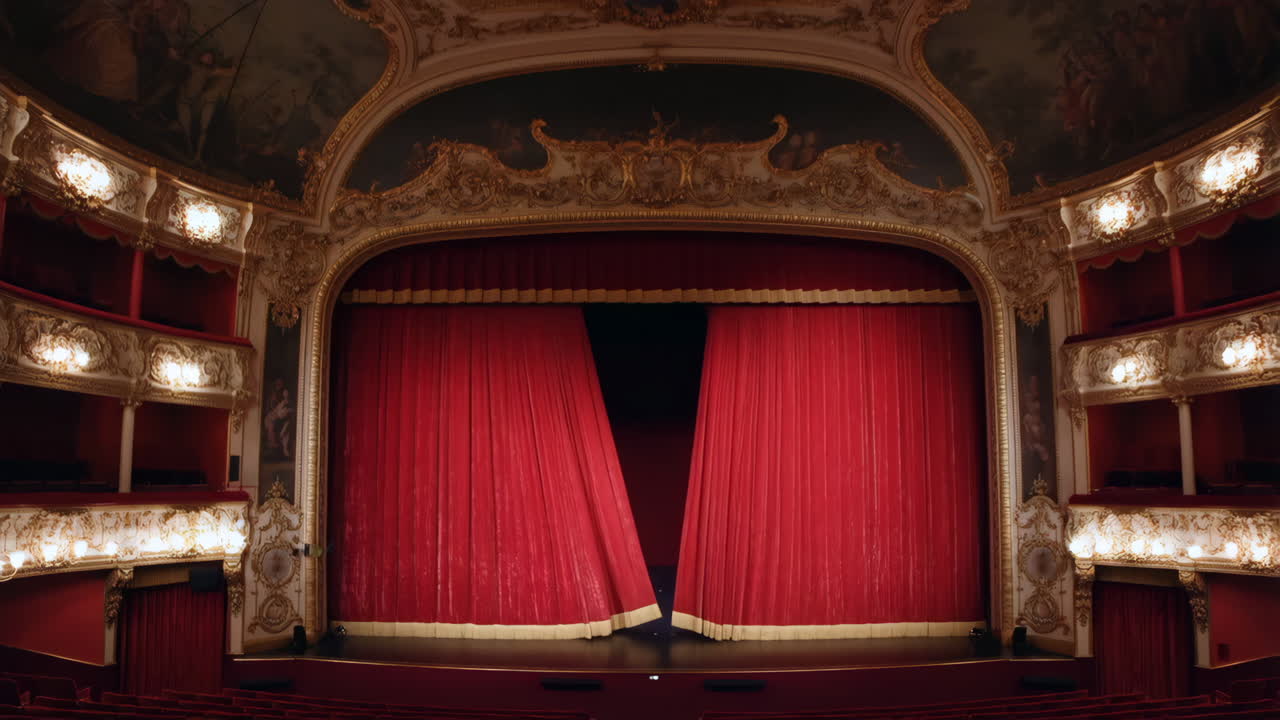 Grand Theater Stage with Ornate Red Curtains