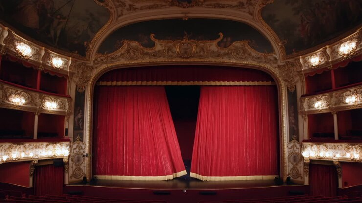 Grand Theater Stage with Ornate Red Curtains