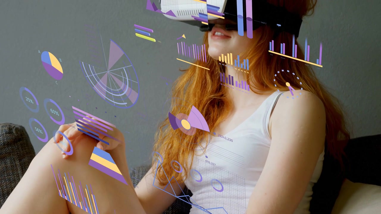 Woman on couch reacting to AR charts manipulating panels placing VR headset exploring business data