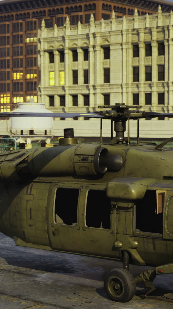 Helicopter on a rooftop amidst a bustling urban landscape at dusk