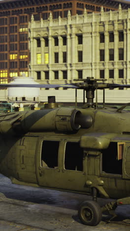 helicopter on a rooftop amidst a bustling urban landscape at dusk