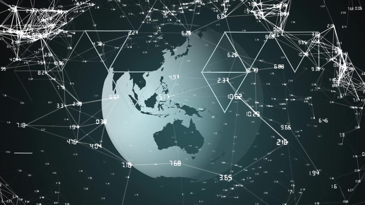 Animation of dots connected and forming geometric shapes and numbers against rotating globe