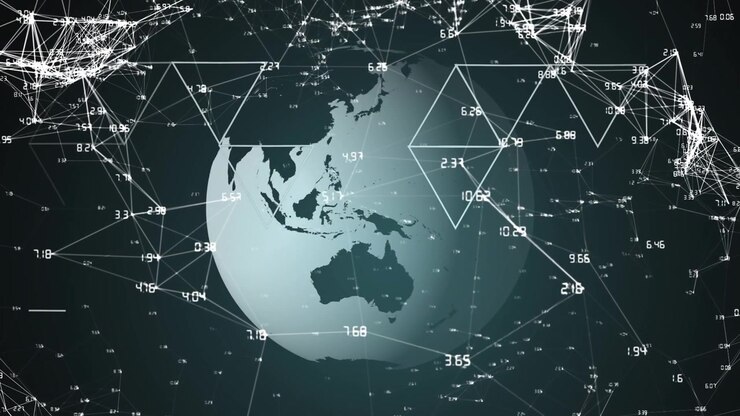 Animation of dots connected and forming geometric shapes and numbers against rotating globe