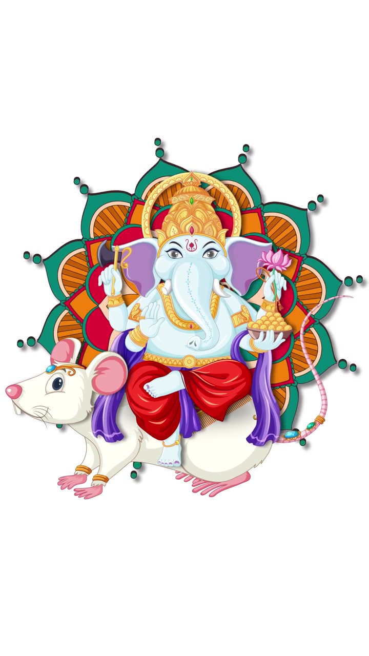 Animazione colorata della divinità Ganesha con uno sfondo a mandala rotante su una tela verticale bianca e semplice.