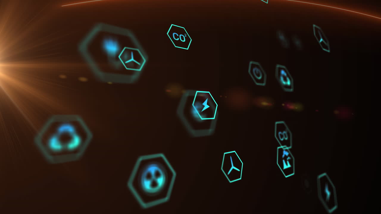Animation of orange light spot and multiple digital icons against black background