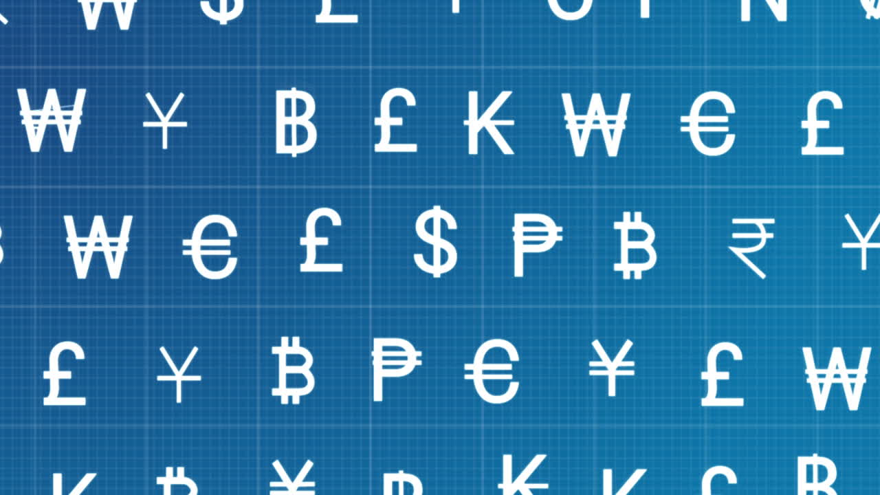 파란색 배경 에 움직이는 통화 표지판 의 행 의 애니메이션