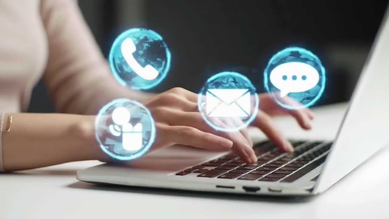 Woman's Hands Typing on a Laptop with an Email Icon Overlay