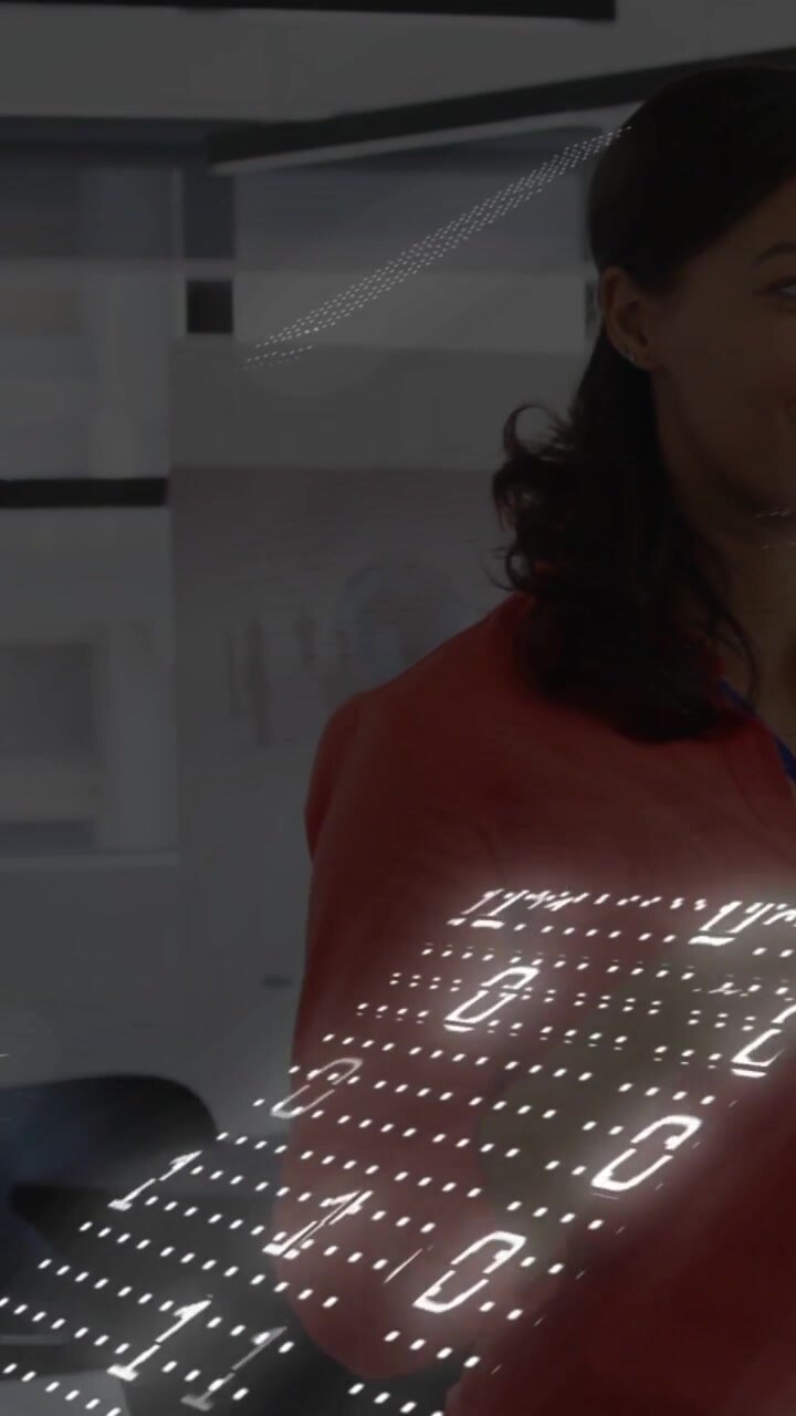 Vertical video: Woman entering, touching lanyard, readying office talk as particles crossing front