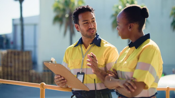 Two Diverse Workers Discussing Plans Outdoors with Clipboard