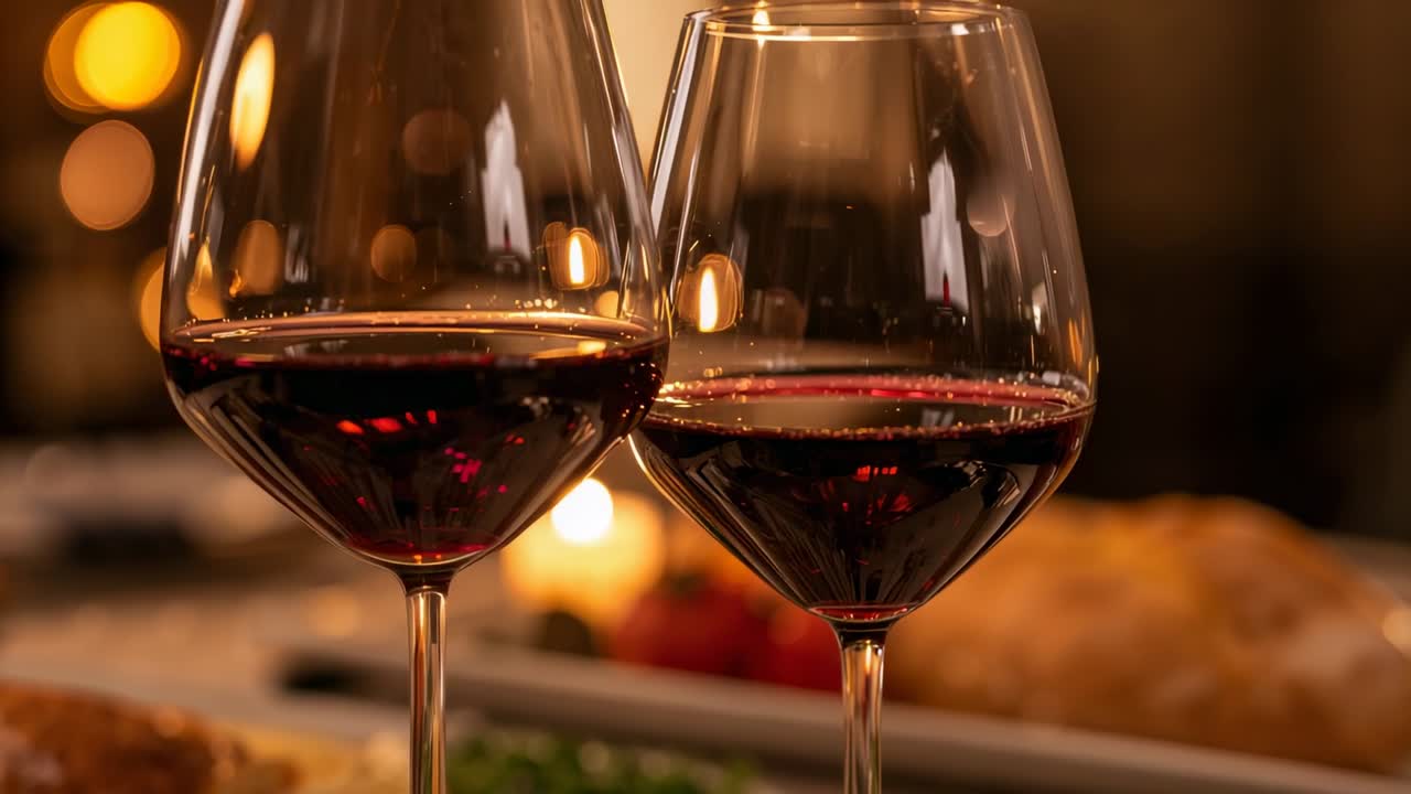 Lume di candela tremolante, due calici di vino che catturano increspature sul tavolo da pranzo per una cena con piatto di arrosto
