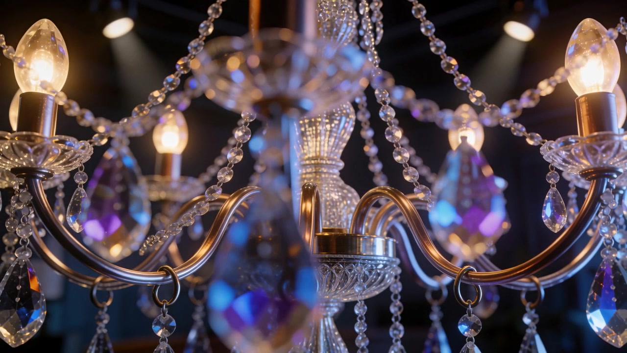 Shifting camera focus revealing crystal chandelier details in banquet hall, showing prisms
