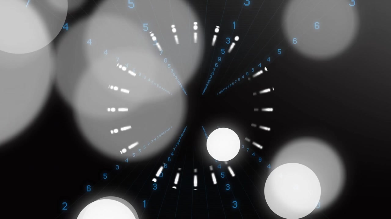 Forming radial graphic pulsing bars rotating digits while bokeh circles drift showing data flow