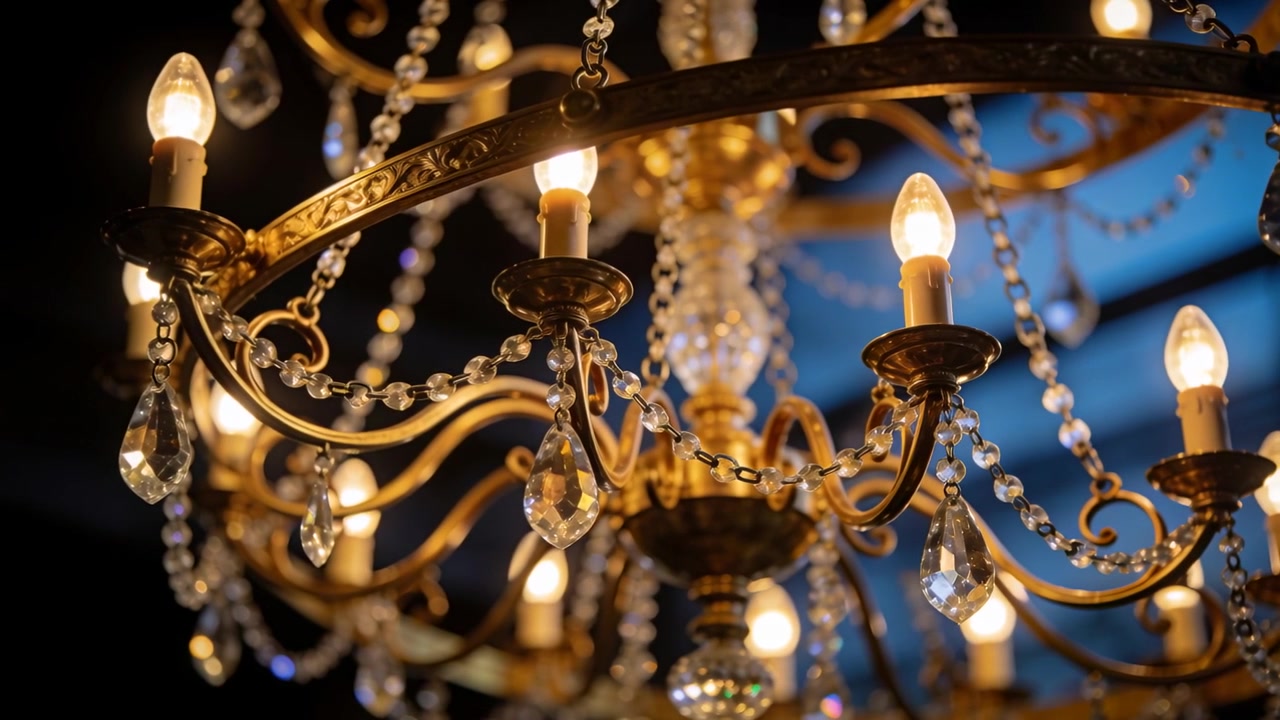 Panoramica della telecamera che rivela un lampadario dorato e ornato in una sala da ballo, mostrando più bracci e cristalli.