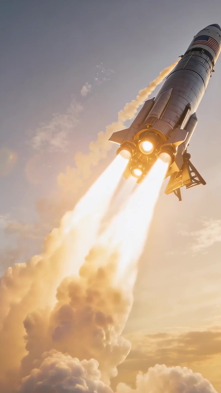 Vertical video: Igniting engines, rocket lifting off pad for ascent at sunset, 3 plumes, copy space