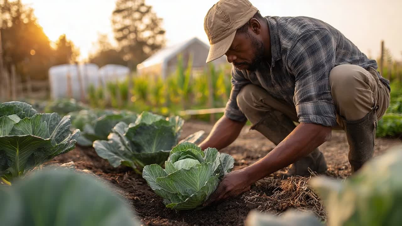 Agricoltori raccolgono cavoli freschi al tramonto in un campo di campagna