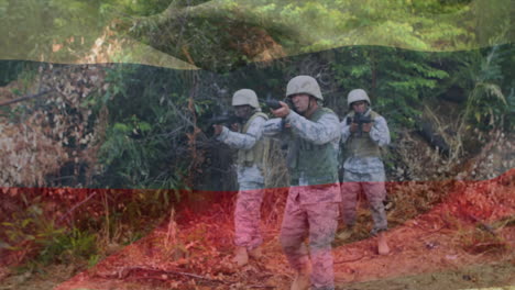 waving russia flag against against troop of soldiers training with guns at training camp