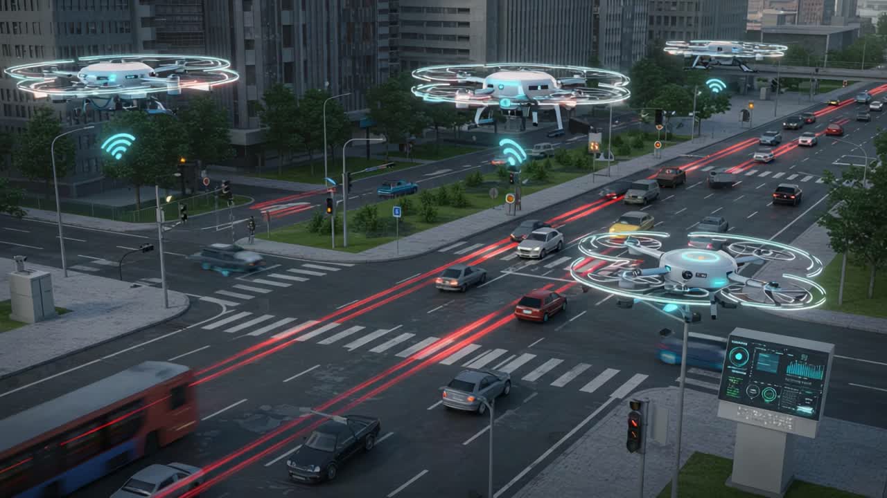 Futuristic Urban Scene with Advanced Drones Monitoring Traffic Flow and Connectivity in a Modern Cityscape Revealed Through Two Dynamic Video Frames