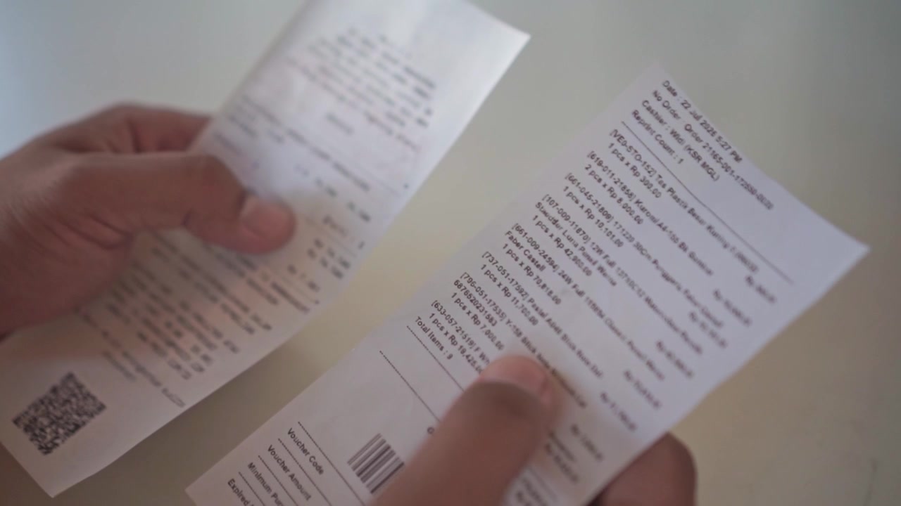 Mano che tiene e legge una ricevuta di carta, che apre un documento stampato, che controlla i dettagli della fattura, primo piano, concetto aziendale.