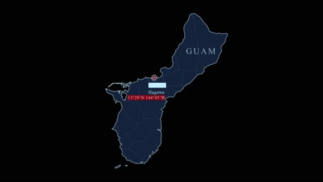 mapa estilizado azul de guam con la capital de hagatna y las coordenadas geográficas en fondo negro
