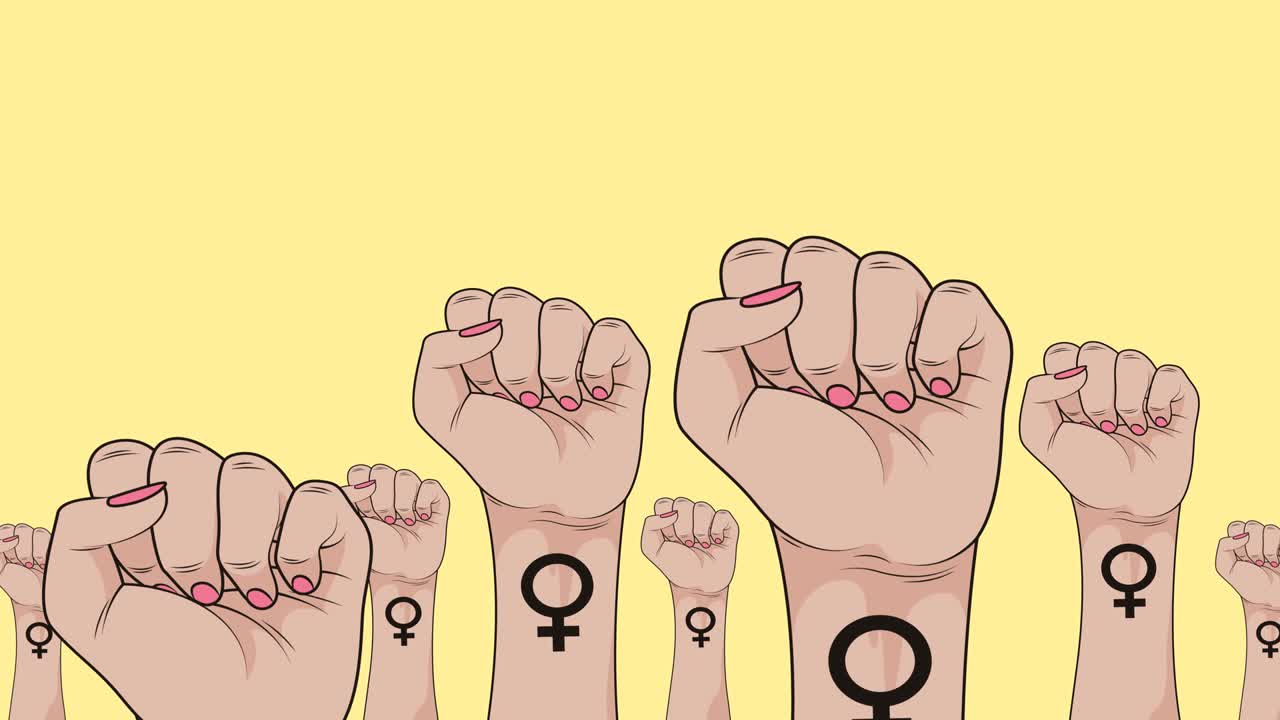 animación de múltiples puños femeninos levantados, sobre un fondo amarillo