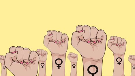 animation of multiple raise female fists, on yellow background