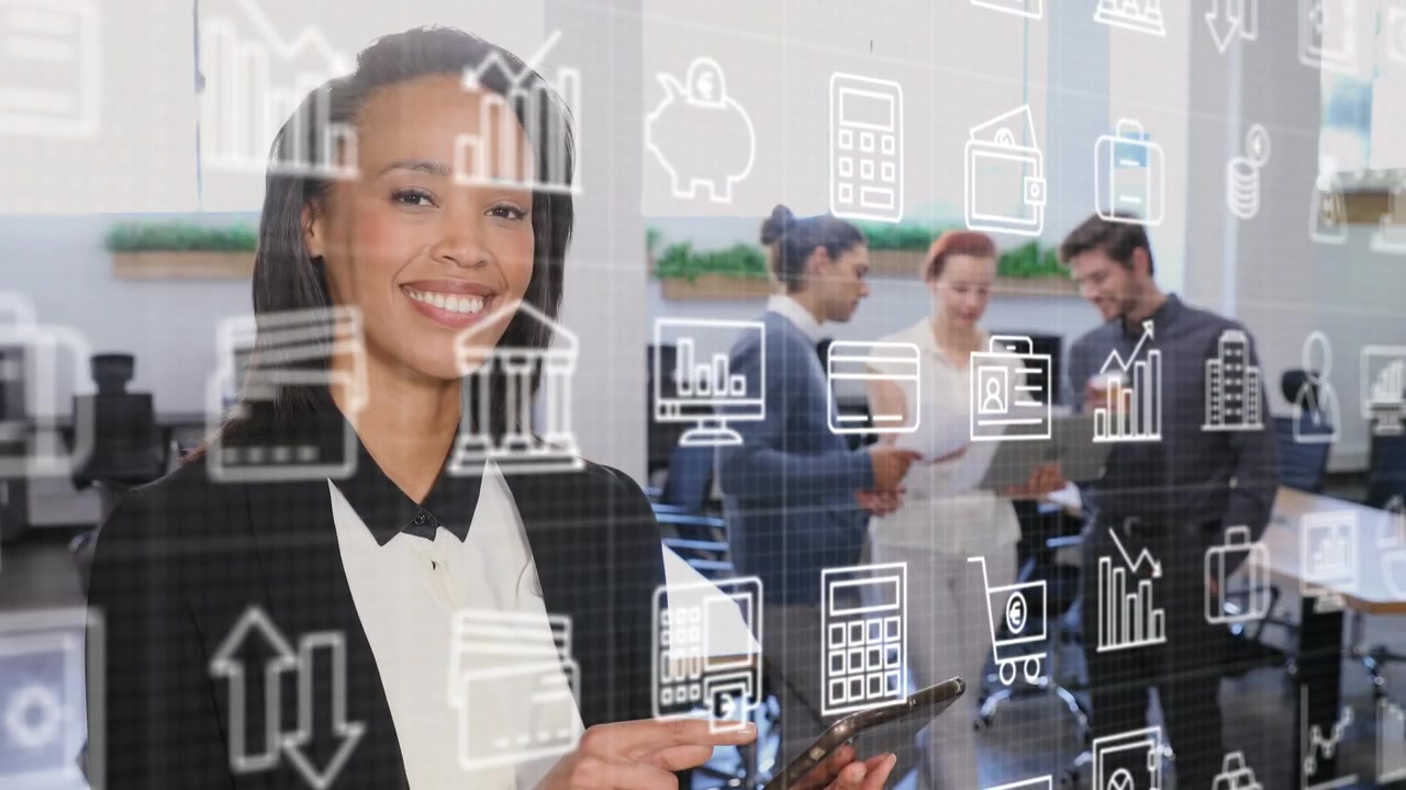 Woman tapping tablet and phone, sparking finance icons, charts, camera pulling back to team working