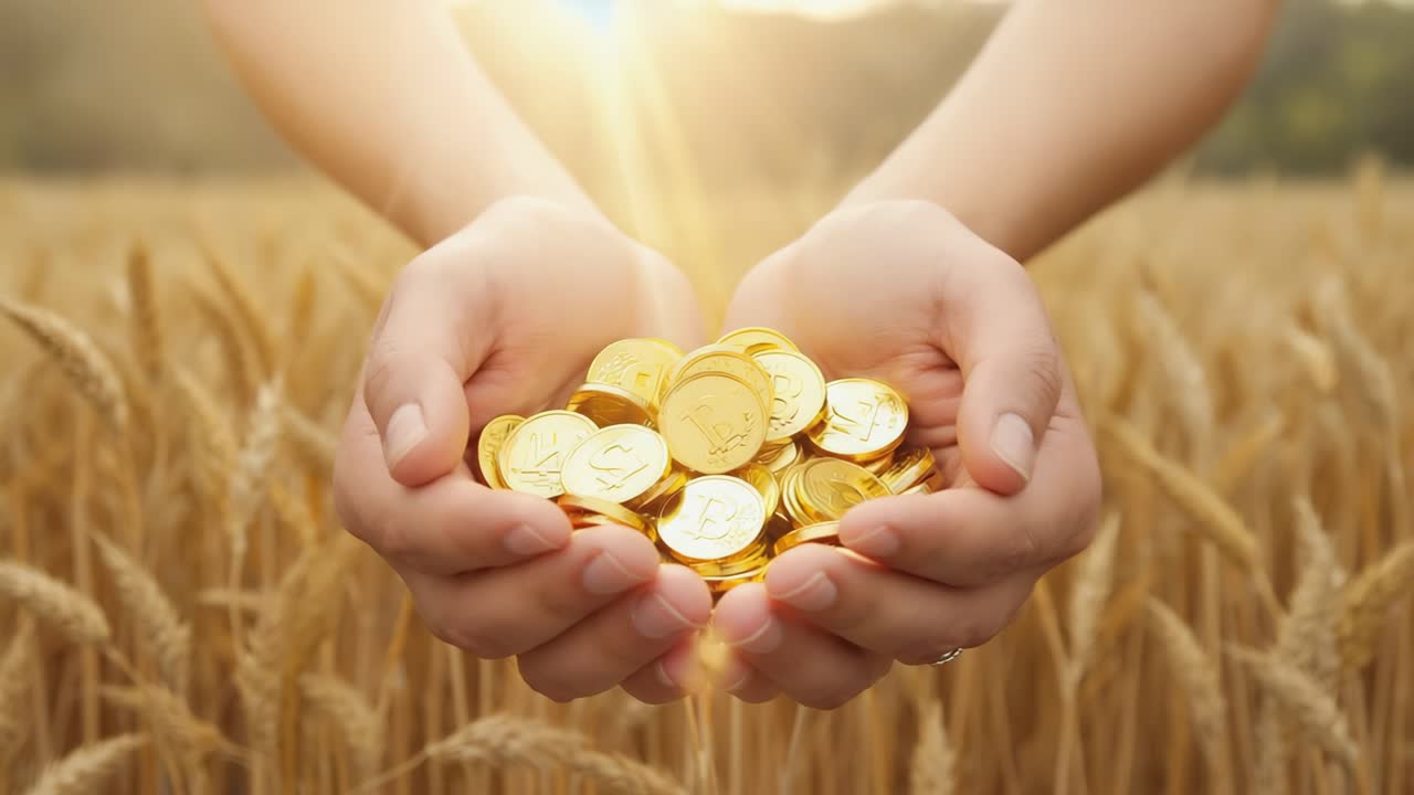 Hands holding gold coins in a wheat field