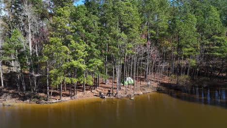 family resting in nature tent near a quiet lake surrounded by lush trees and dense forest family resting in nature tent near a quiet lake surrounded by lush trees and dense forest