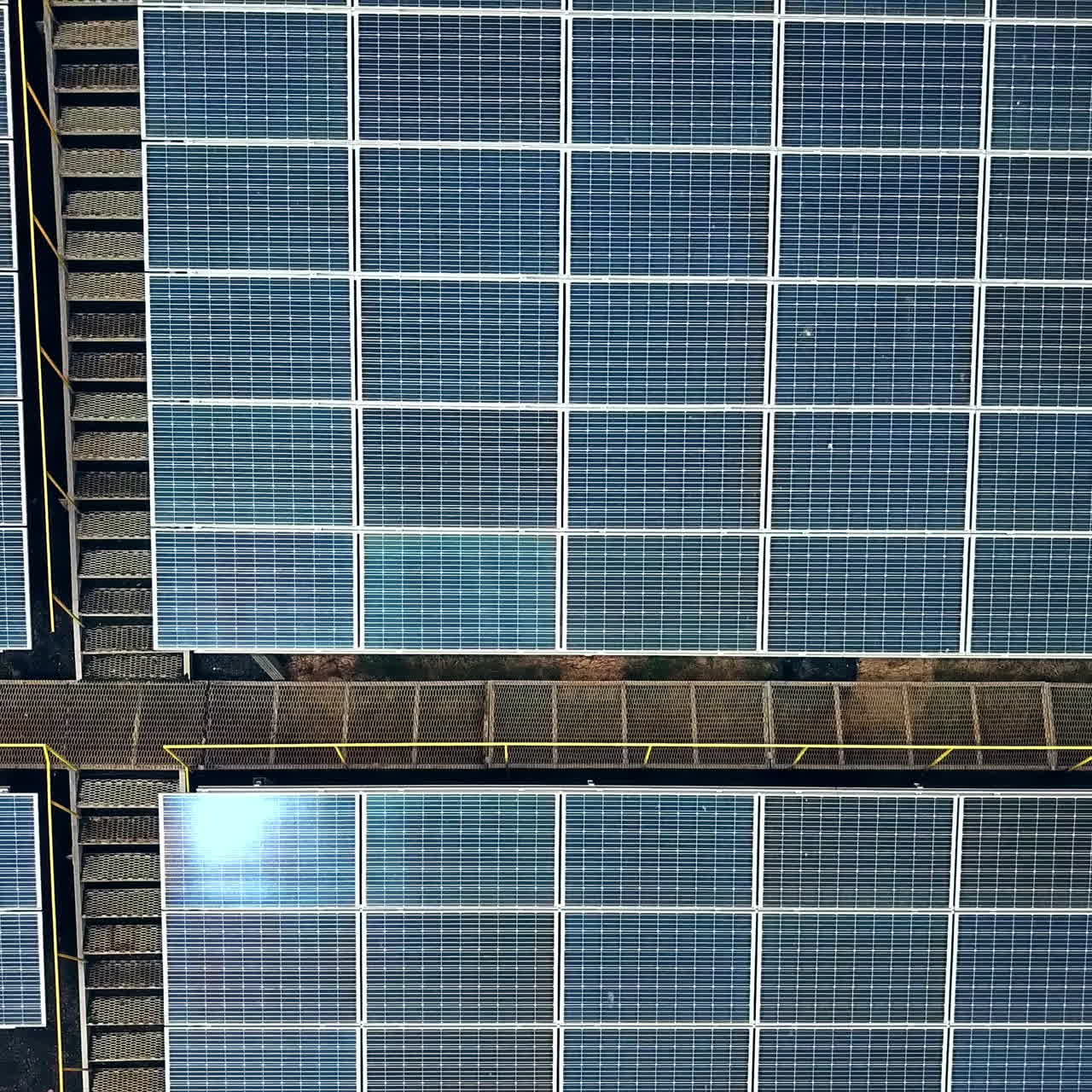 Aerial view of Solar panels. Solar power plant. Source of ecological renewable energy.