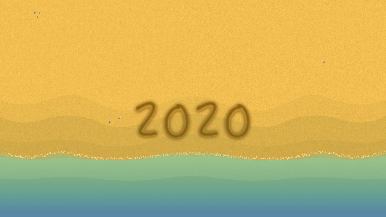 2020 해변에서 손으로 쓴 글: 반복되는 파도 움직임 루프, 빛 해변의 꼭대기 풍경, 손으로 써진 2020 문자, 새해 축하, 2d 4k 애니메이션 영상